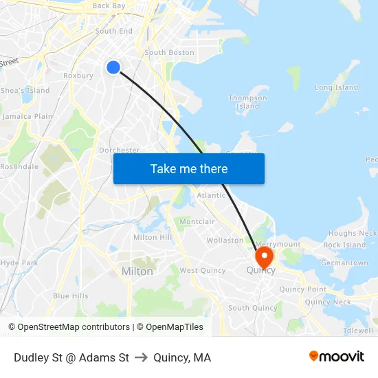 Dudley St @ Adams St to Quincy, MA map