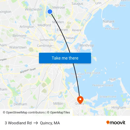 3 Woodland Rd to Quincy, MA map