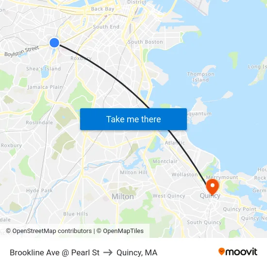 Brookline Ave @ Pearl St to Quincy, MA map