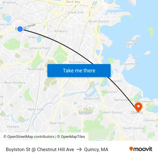 Boylston St @ Chestnut Hill Ave to Quincy, MA map