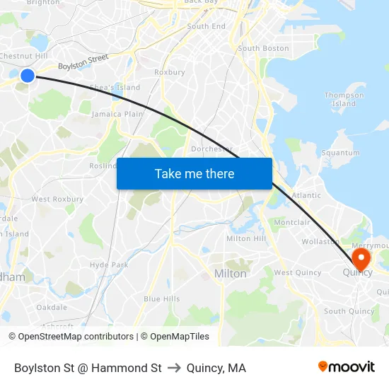 Boylston St @ Hammond St to Quincy, MA map