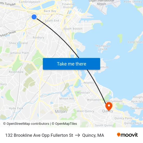 132 Brookline Ave Opp Fullerton St to Quincy, MA map
