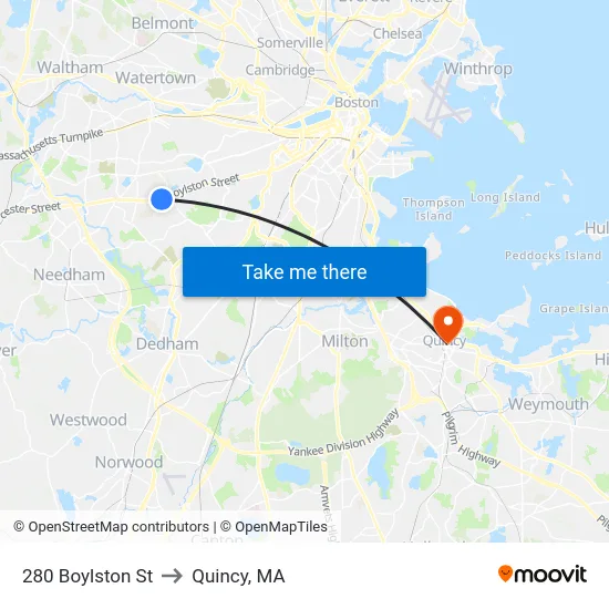 280 Boylston St to Quincy, MA map