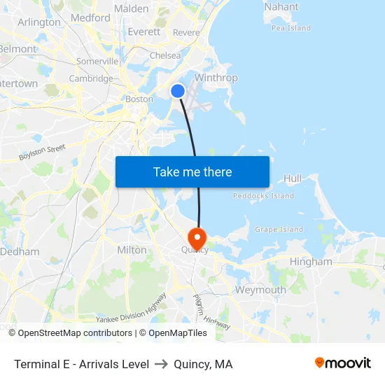 Terminal E - Arrivals Level to Quincy, MA map