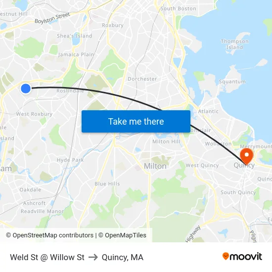 Weld St @ Willow St to Quincy, MA map