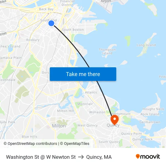 Washington St @ W Newton St to Quincy, MA map