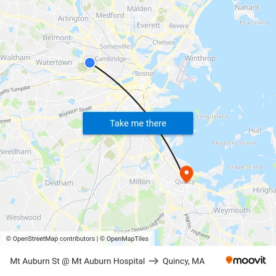 Mt Auburn St @ Mt Auburn Hospital to Quincy, MA map