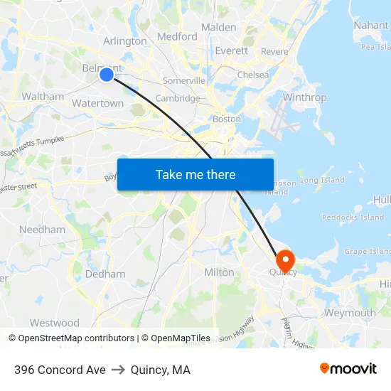 396 Concord Ave to Quincy, MA map