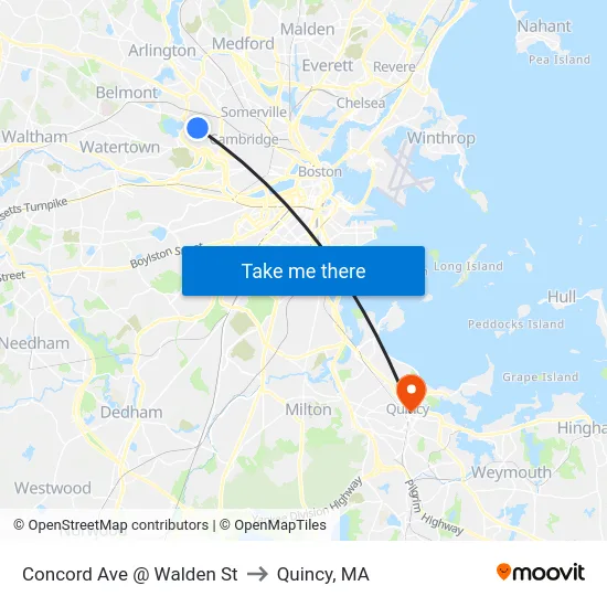 Concord Ave @ Walden St to Quincy, MA map