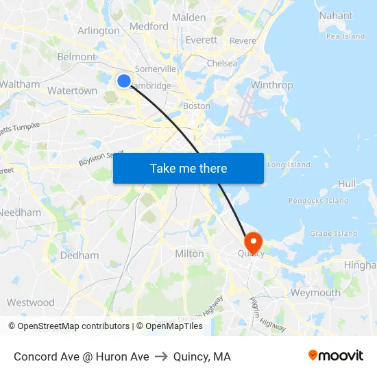 Concord Ave @ Huron Ave to Quincy, MA map