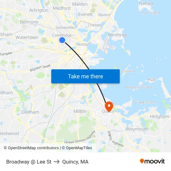 Broadway @ Lee St to Quincy, MA map