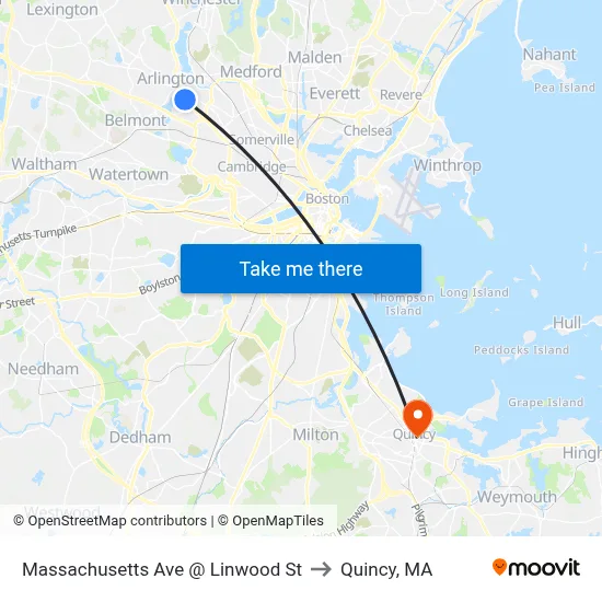 Massachusetts Ave @ Linwood St to Quincy, MA map