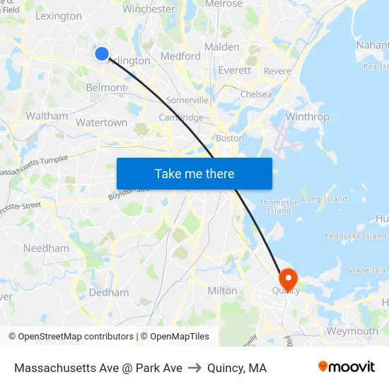 Massachusetts Ave @ Park Ave to Quincy, MA map