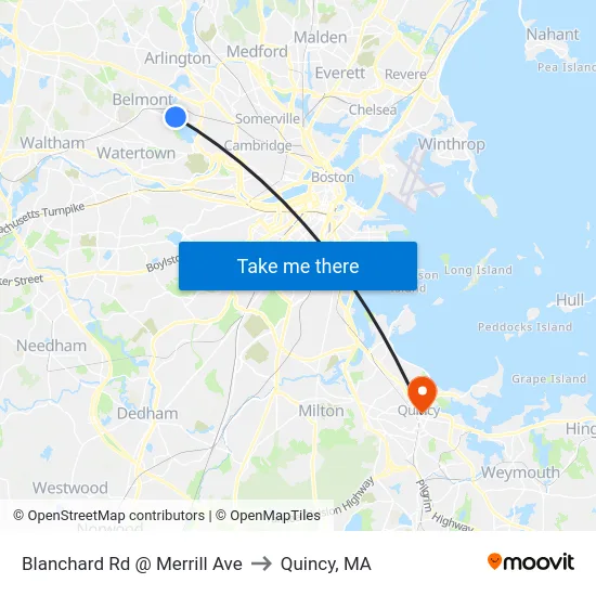Blanchard Rd @ Merrill Ave to Quincy, MA map