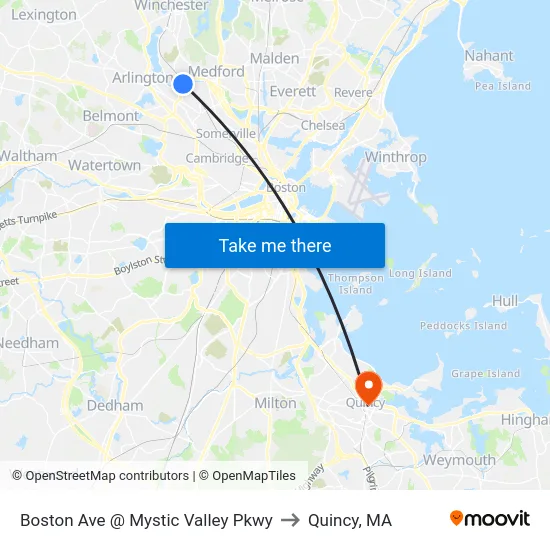 Boston Ave @ Mystic Valley Pkwy to Quincy, MA map