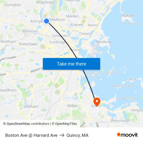 Boston Ave @ Harvard Ave to Quincy, MA map