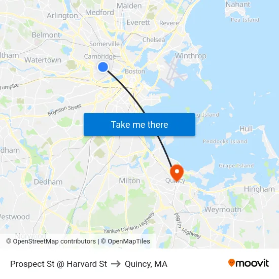 Prospect St @ Harvard St to Quincy, MA map