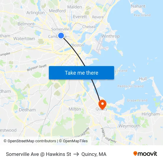 Somerville Ave @ Hawkins St to Quincy, MA map