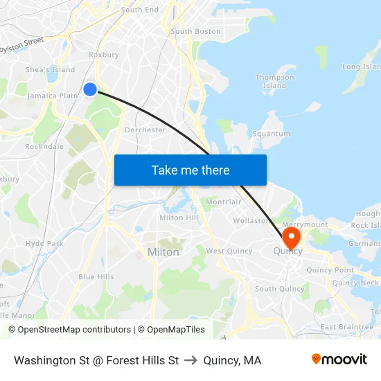 Washington St @ Forest Hills St to Quincy, MA map