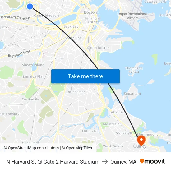 N Harvard St @ Gate 2 Harvard Stadium to Quincy, MA map