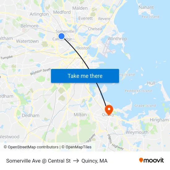 Somerville Ave @ Central St to Quincy, MA map