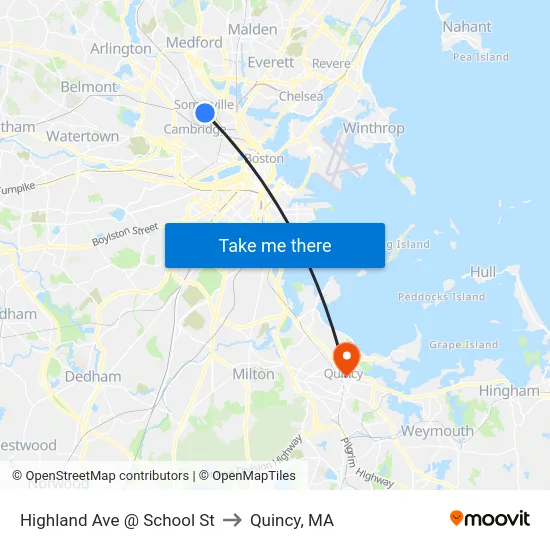 Highland Ave @ School St to Quincy, MA map