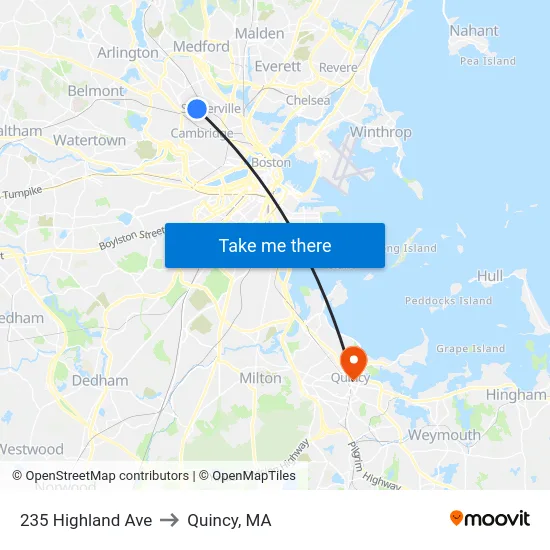 235 Highland Ave to Quincy, MA map