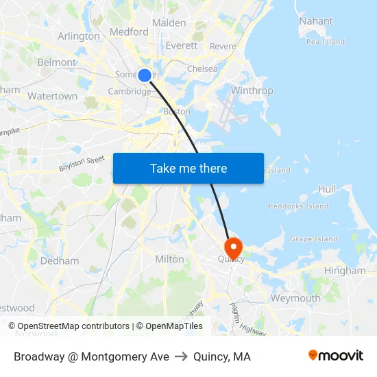 Broadway @ Montgomery Ave to Quincy, MA map