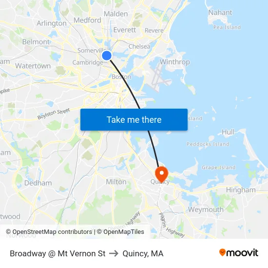 Broadway @ Mt Vernon St to Quincy, MA map