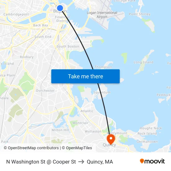 N Washington St @ Cooper St to Quincy, MA map