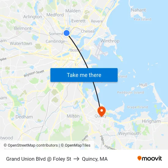 Grand Union Blvd @ Foley St to Quincy, MA map