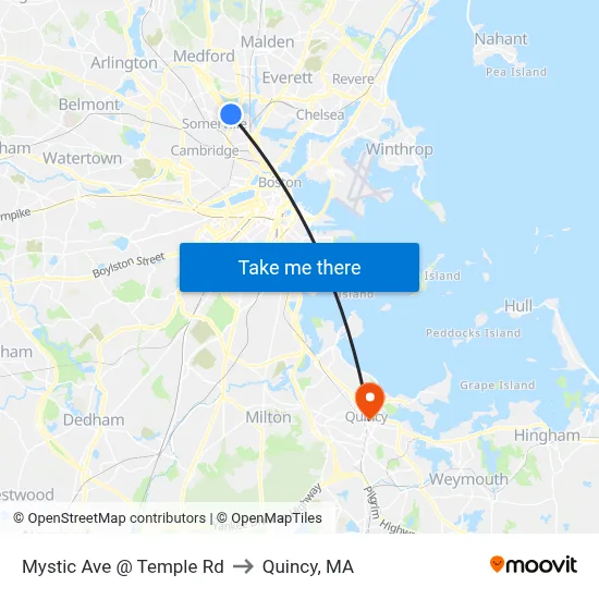 Mystic Ave @ Temple Rd to Quincy, MA map