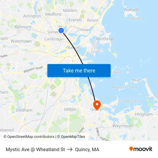 Mystic Ave @ Wheatland St to Quincy, MA map