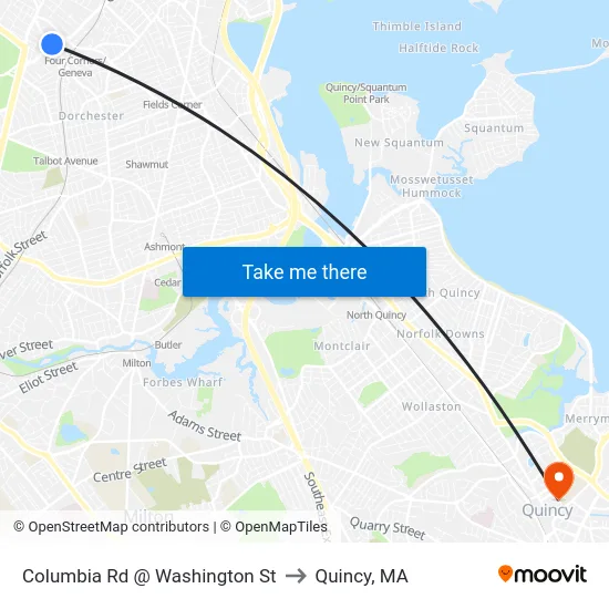 Columbia Rd @ Washington St to Quincy, MA map