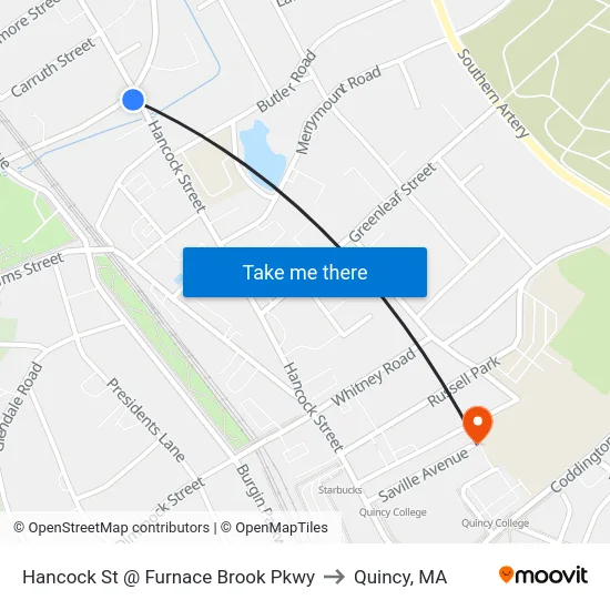 Hancock St @ Furnace Brook Pkwy to Quincy, MA map