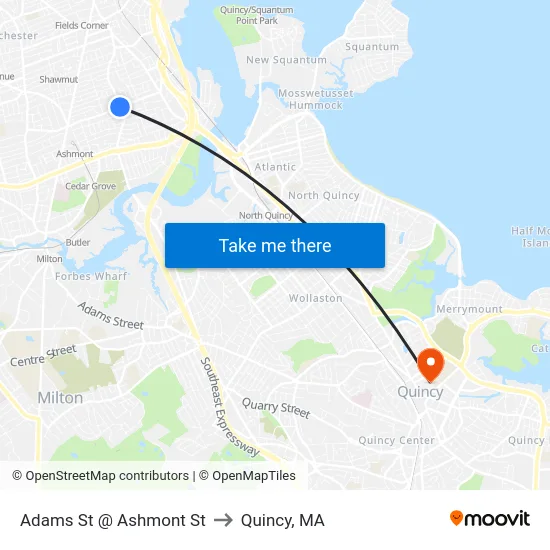 Adams St @ Ashmont St to Quincy, MA map