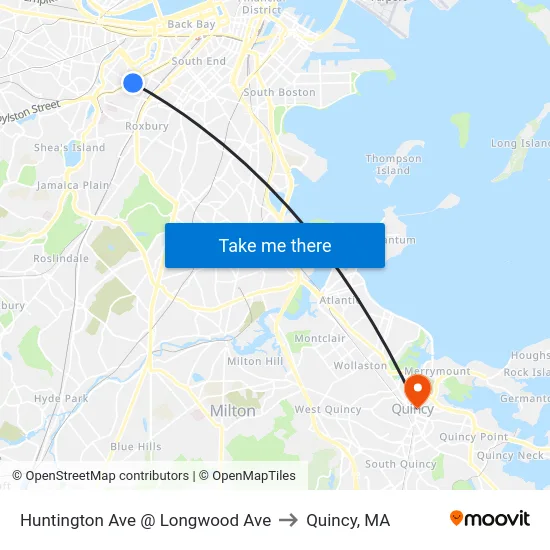 Huntington Ave @ Longwood Ave to Quincy, MA map