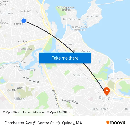Dorchester Ave @ Centre St to Quincy, MA map
