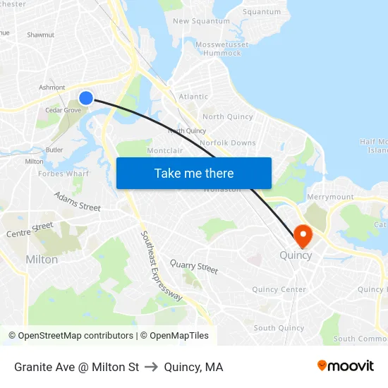 Granite Ave @ Milton St to Quincy, MA map
