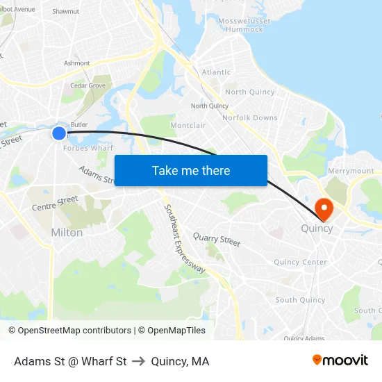 Adams St @ Wharf St to Quincy, MA map
