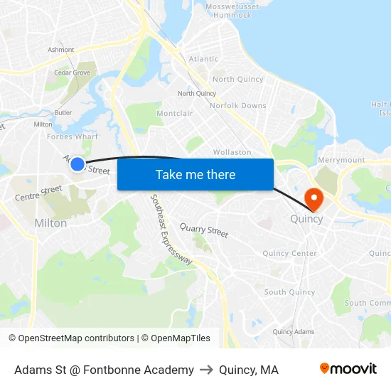 Adams St @ Fontbonne Academy to Quincy, MA map