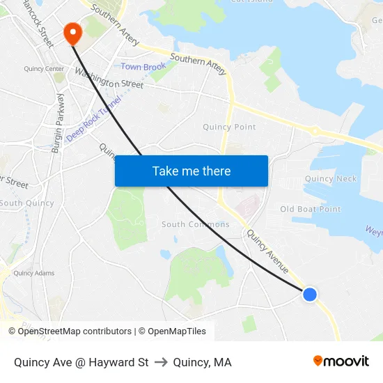 Quincy Ave @ Hayward St to Quincy, MA map