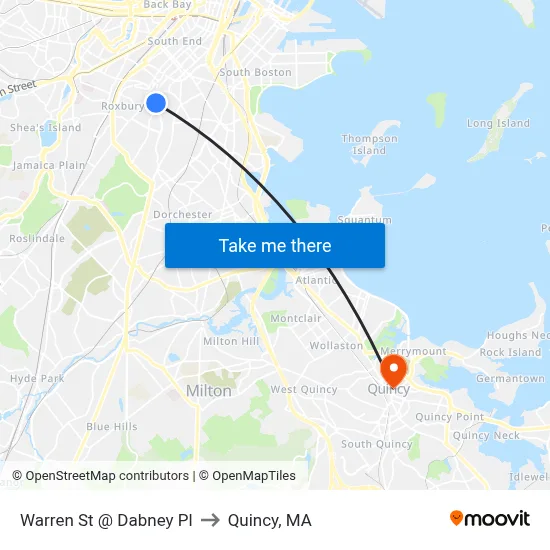 Warren St @ Dabney Pl to Quincy, MA map