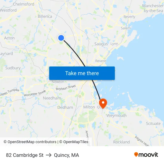 82 Cambridge St to Quincy, MA map