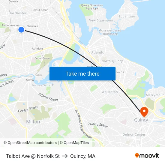 Talbot Ave @ Norfolk St to Quincy, MA map