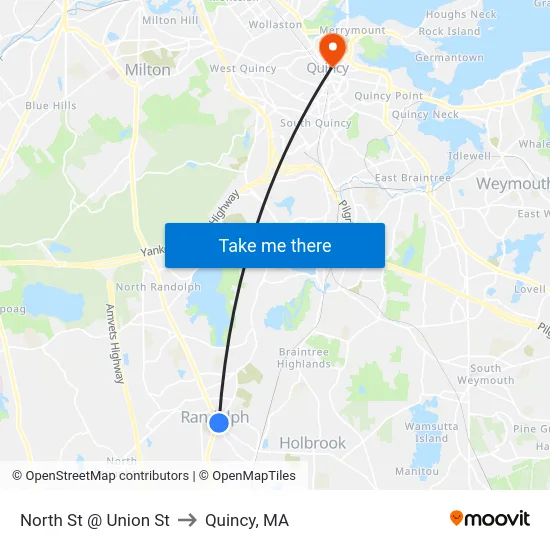 North St @ Union St to Quincy, MA map