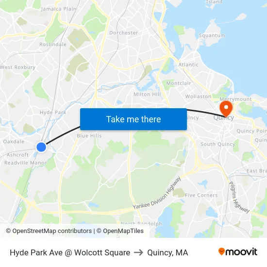 Hyde Park Ave @ Wolcott Square to Quincy, MA map