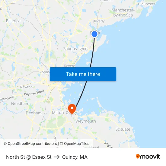 North St @ Essex St to Quincy, MA map