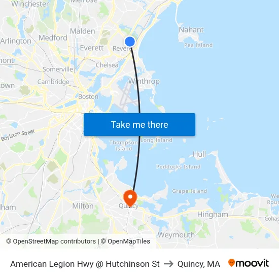 American Legion Hwy @ Hutchinson St to Quincy, MA map