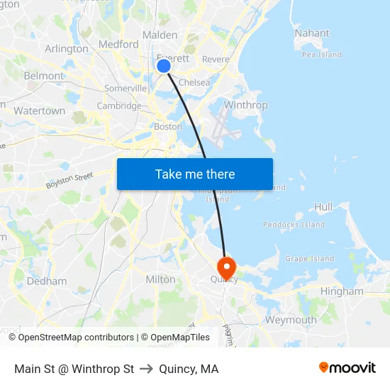 Main St @ Winthrop St to Quincy, MA map